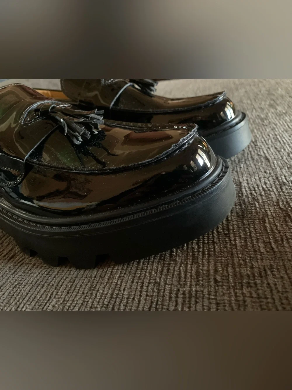 Men's Black Patent Tassel Loafers with Lug Sole